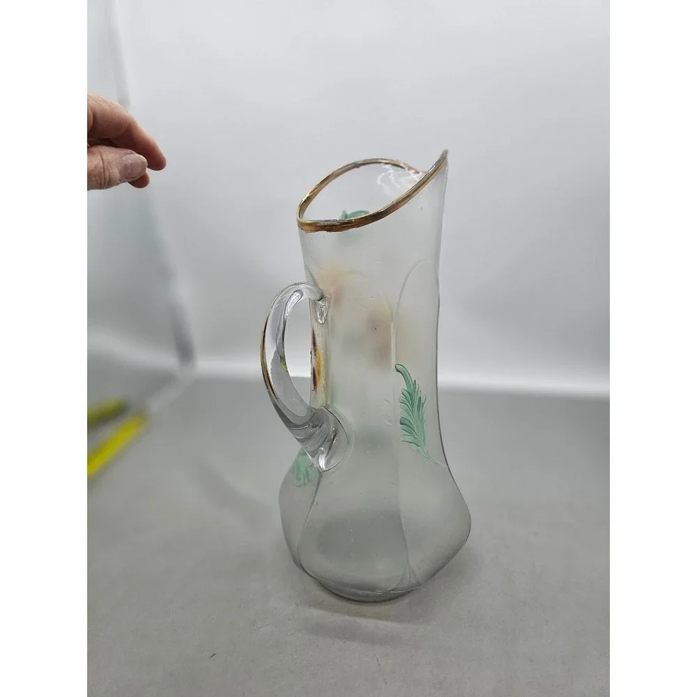 Antique Frosted Glass Pitcher Hand Painted Floral Gold Rim Victorian Art Glass